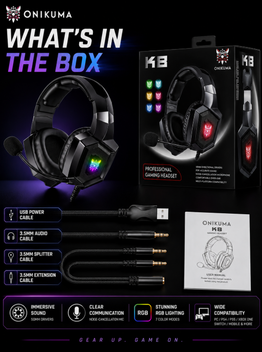 ONIKUMA K8 Wired Gaming Headset with Microphone