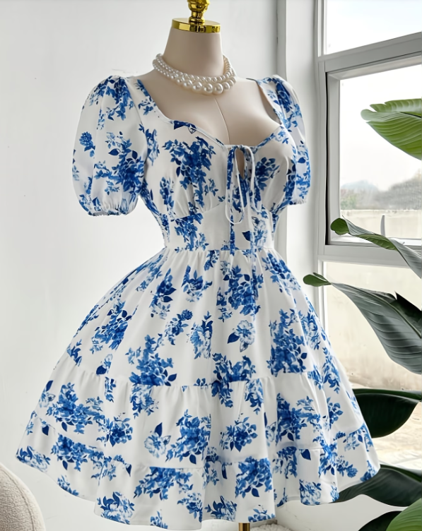 Blue Floral Puff Sleeve Mini Dress