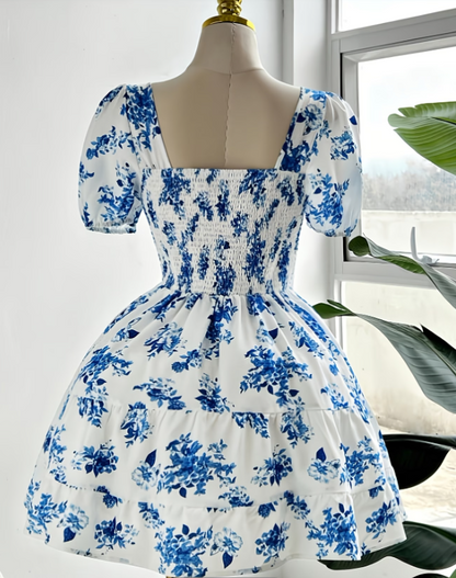 Blue Floral Puff Sleeve Mini Dress