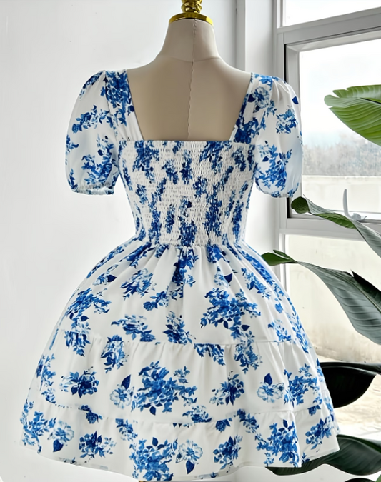 Blue Floral Puff Sleeve Mini Dress