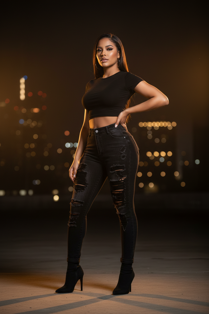 Black Ripped Jeans - Woman Rooftop