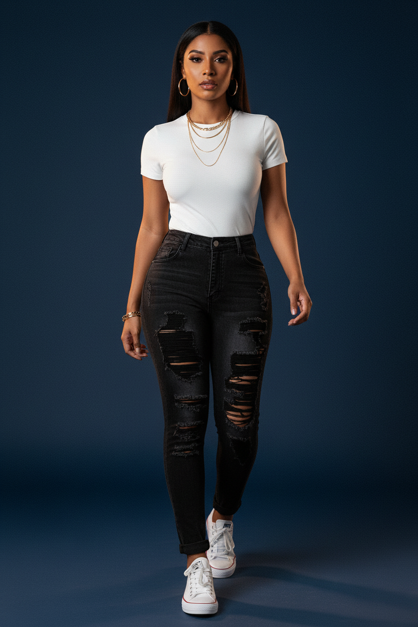 Black Ripped Jeans - Woman Walking