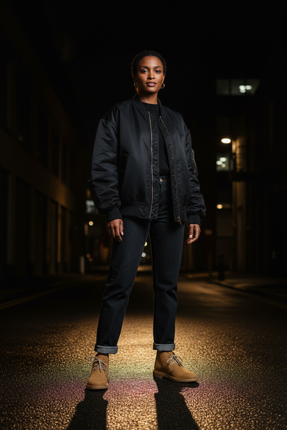 Woman wearing Safari Odyssey boots on dark urban street