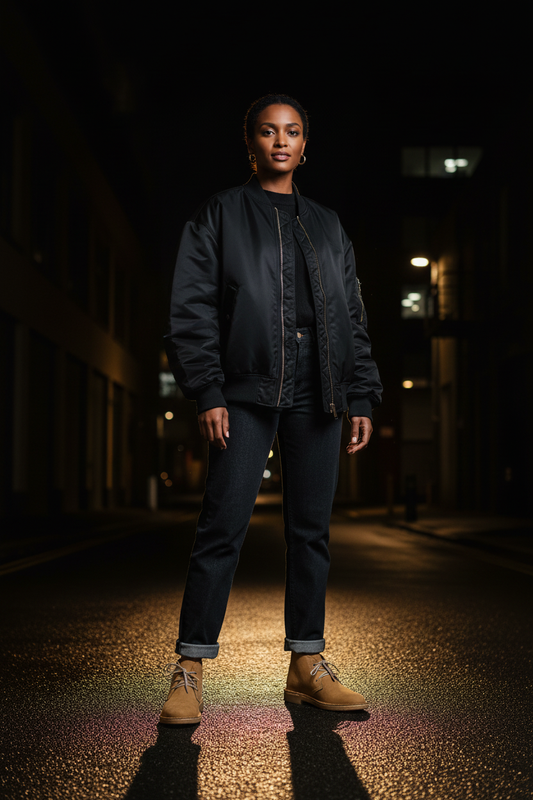 Woman wearing Safari Odyssey boots on dark urban street
