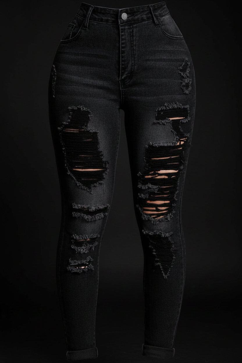 Black ripped skinny jeans front view on mannequin black studio