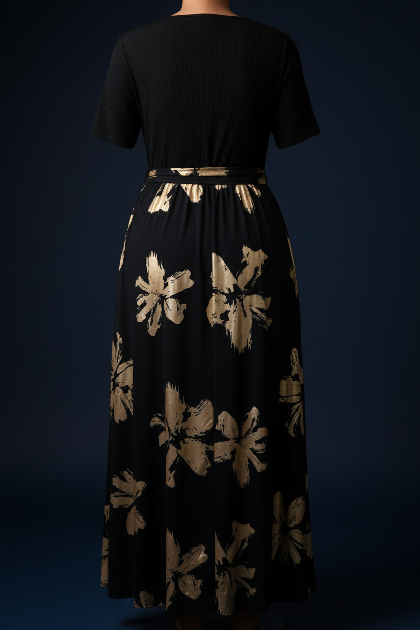 Black gold floral maxi dress back view on mannequin navy background