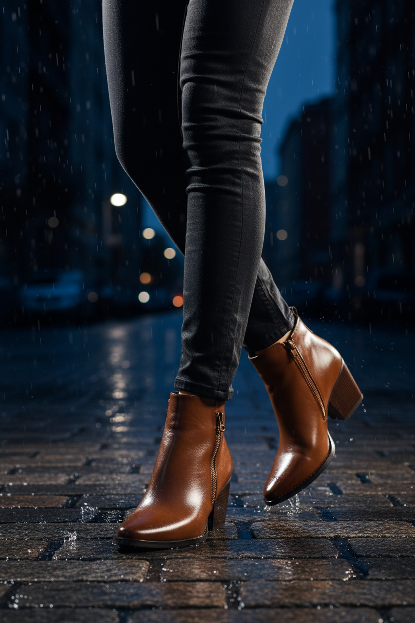 Close-up of legs wearing Madison Jeffie 2 boots on wet street