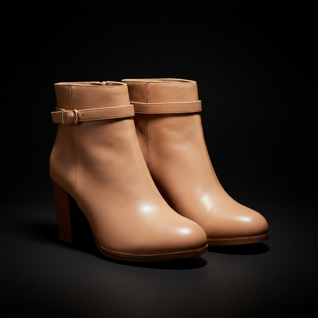 Pair of Madison Ombretta nude boots black studio background