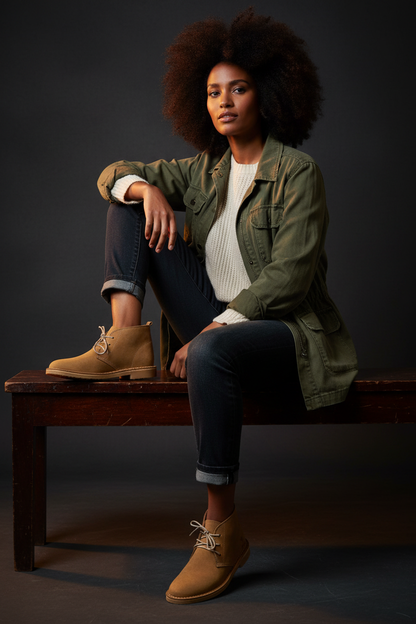 Diverse woman wearing Safari Odyssey boots in dark studio