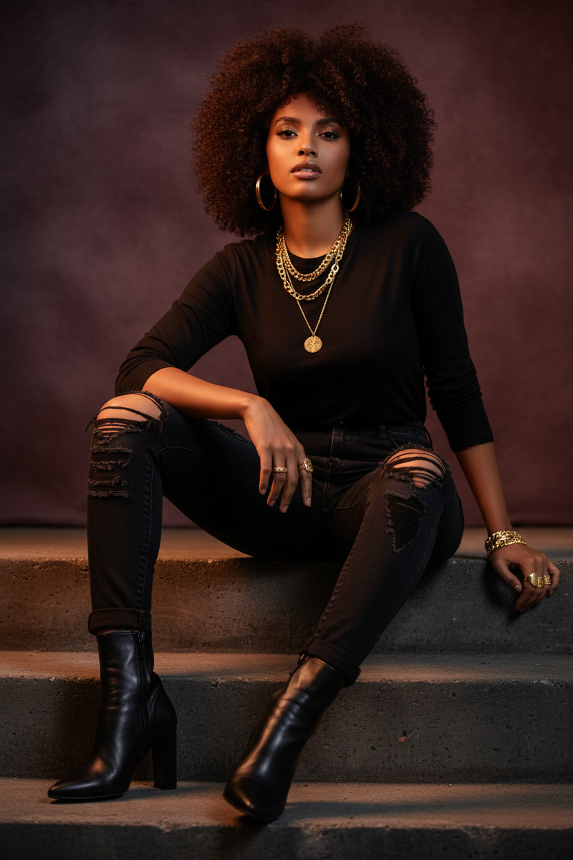 Diverse woman sitting wearing black ripped skinny jeans amber lighting