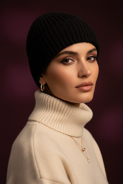 Woman close-up portrait wearing black ribbed beanie burgundy background