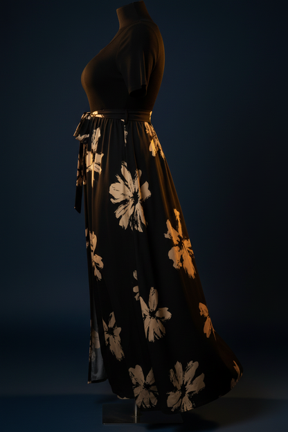 Black gold floral maxi dress side view showing slit detail