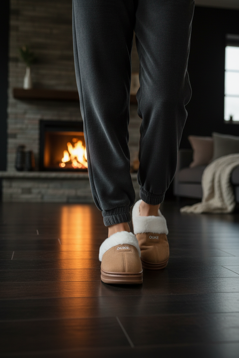 Woman walking in Ouke fur slippers on hardwood floor fireplace glow