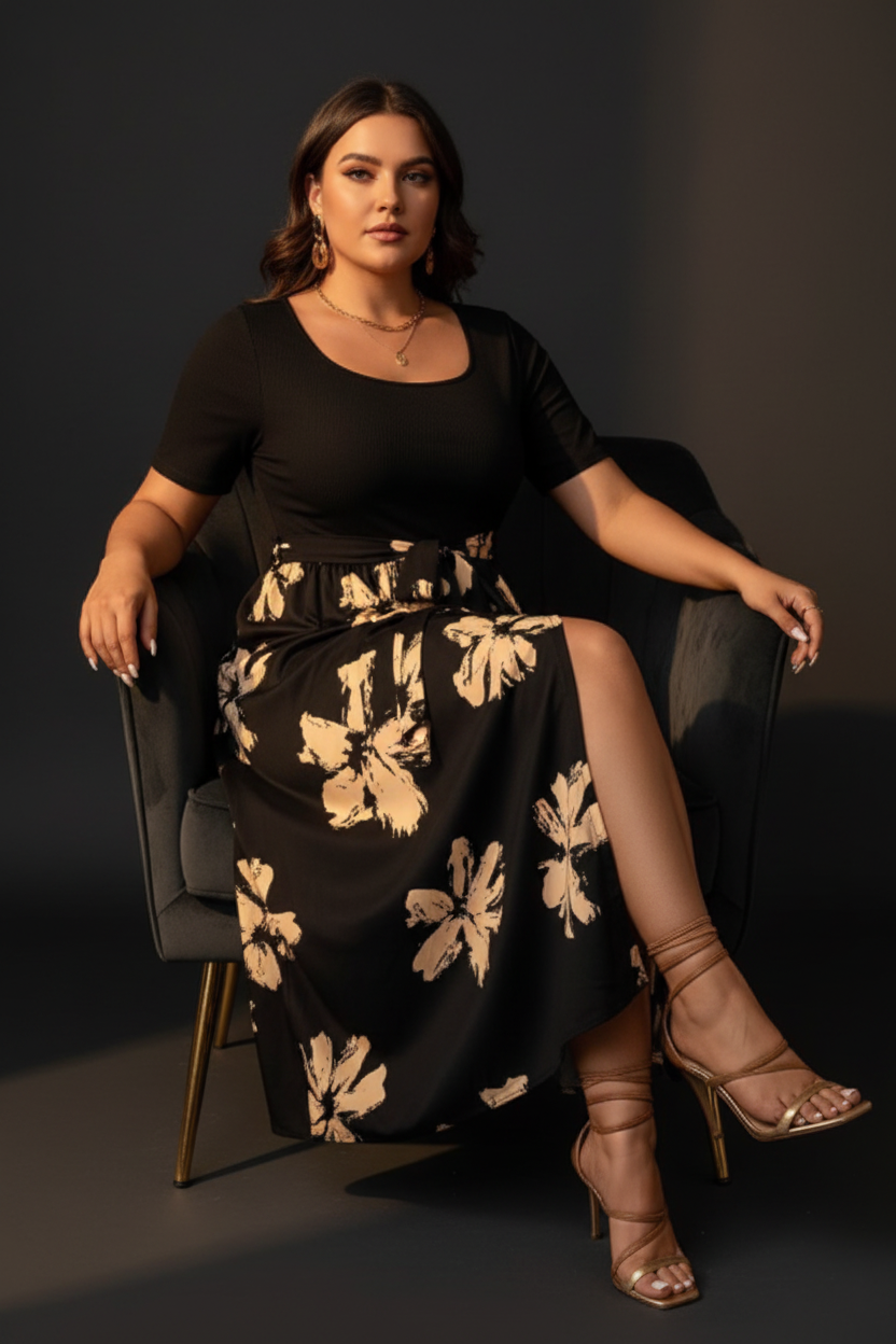 Woman seated in black gold floral maxi dress showing side slit