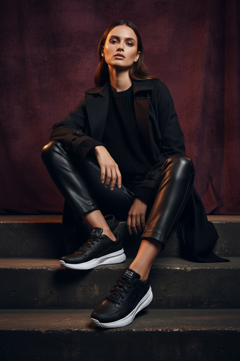 Woman sitting showing off Under Armour Edge Leather sneakers