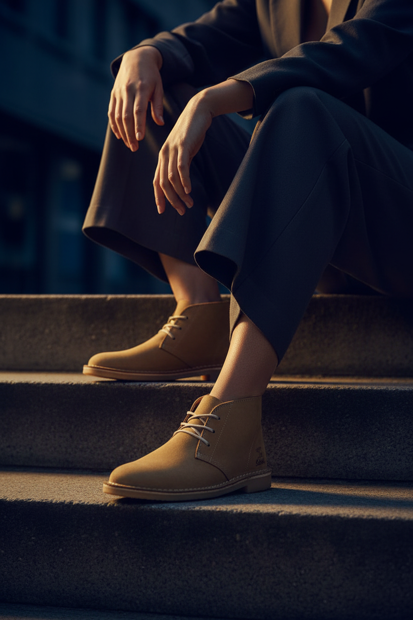 Woman sitting showing off Safari Odyssey boots navy background