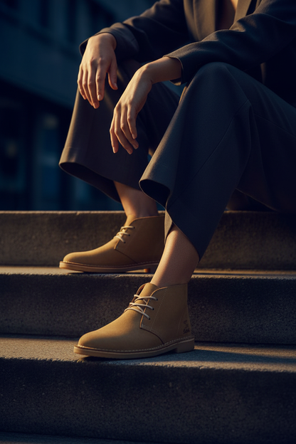 Woman sitting showing off Safari Odyssey boots navy background