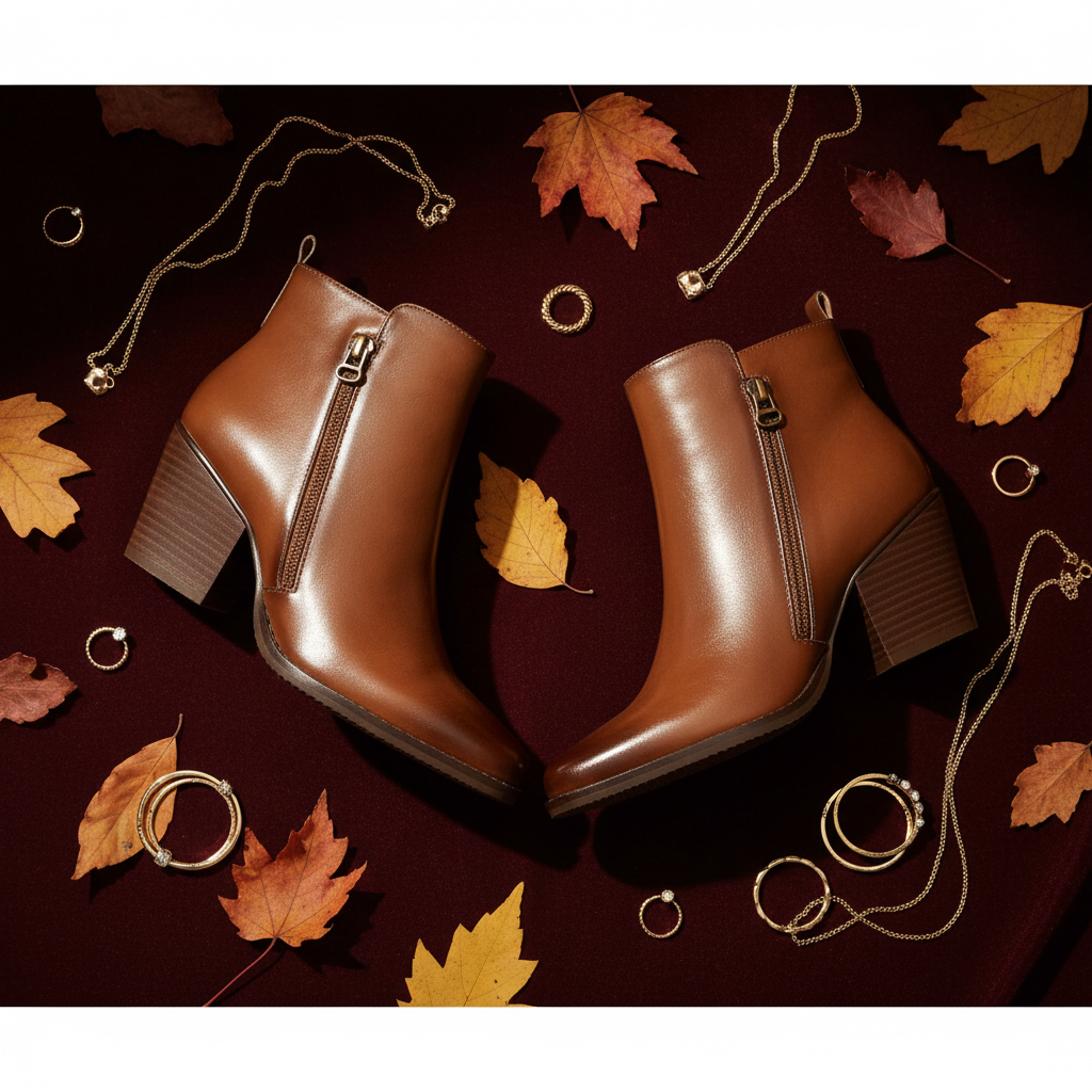 Pair of Madison Jeffie 2 boots on burgundy velvet with autumn leaves
