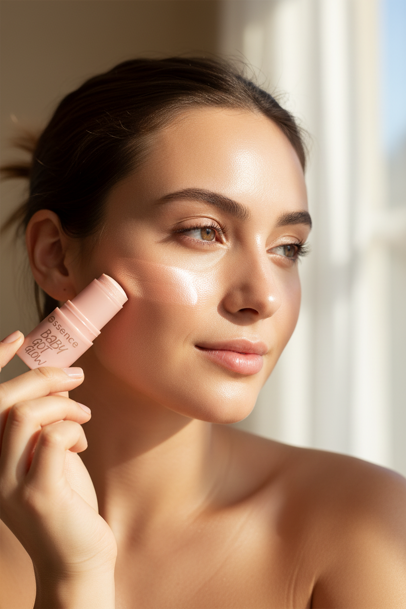 Woman applying Baby Got Glow highlighter stick to cheekbones