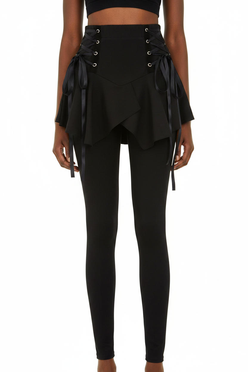 Lace-Up Skirt Leggings - Black Model