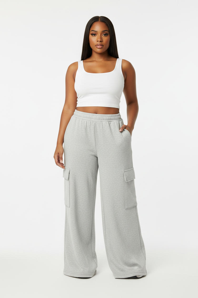 Light Grey Wide-Leg Cargo Pants