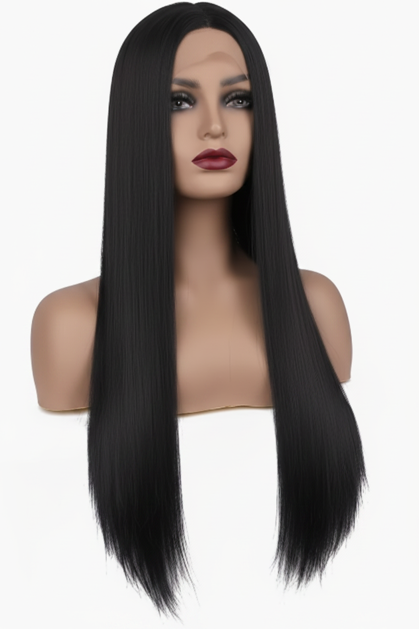Long black wig - styled center-part
